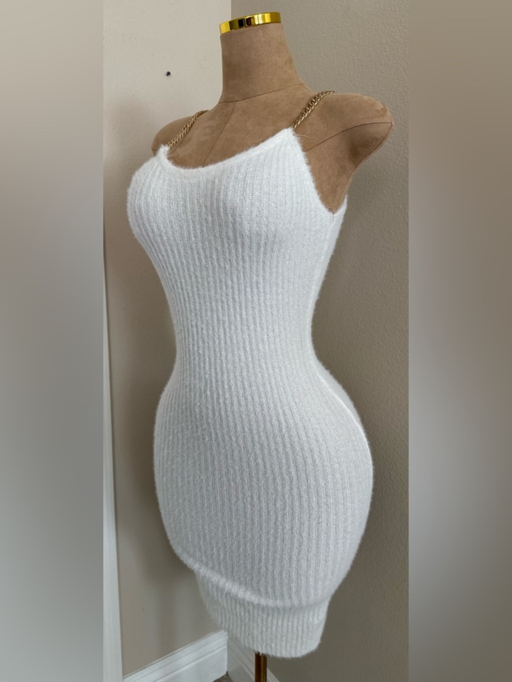 Faux Cashmere White Ribbed Bodycon Dress with Gold Chain Straps